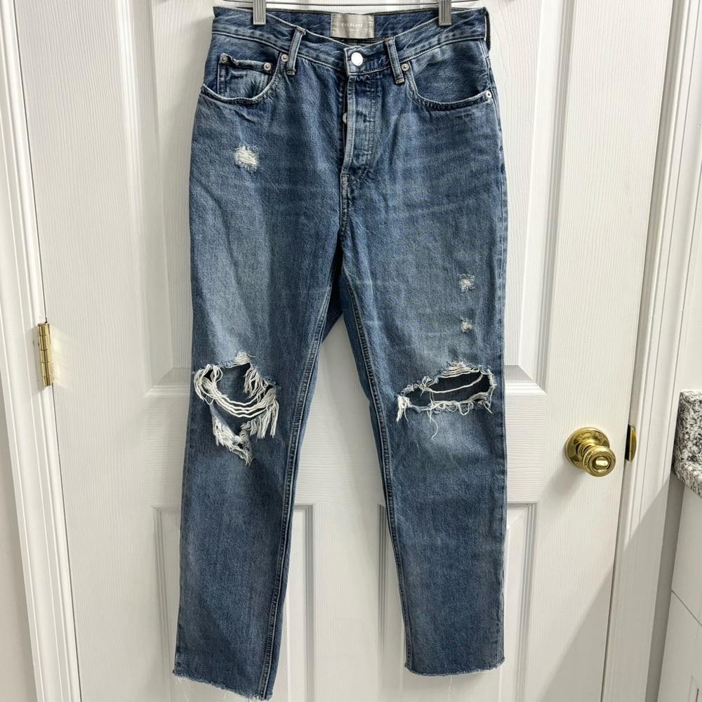 Everlane Cheeky Jeans 90s High Rise Womens 26 Button Fly Blue Distressed